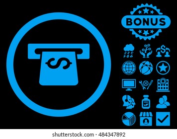 Atm icon with bonus images. Vector illustration style is flat iconic symbols, blue color, black background.
