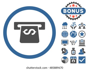 Atm icon with bonus images. Vector illustration style is flat iconic bicolor symbols, cobalt and gray colors, white background.