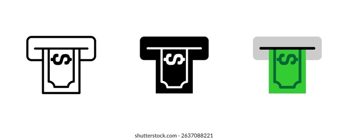 Atm icon. Dollar banknote emerging from cash machine slot vector illustration. Represents cash withdrawal and financial transaction symbol. Banking and payment interfaces sign. Currency pictogram.