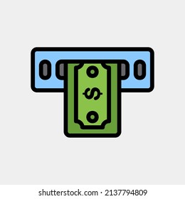 Icono de Atm con estilo de línea rellena sobre moneda, uso para presentación de aplicaciones móviles del sitio web