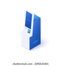 ATM icon illustration in isometric vector design. Futuristic automated teller machine object isolated on white background. Cash machine or money withdrawal device.