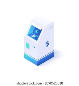 ATM icon illustration in isometric vector design. Futuristic automated teller machine object isolated on white background. Cash machine or money withdrawal device.