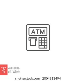 Atm icon, machine bank. outline style. Credit Debit for shopping and e Commerce sign for banking apps websites. automated teller editable stroke vector illustration design on white background EPS 10