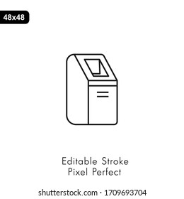 ATM-Symbol auf weiß. Vektorillustration. Mit Pos-Terminal ausgestattete Symbole für Banken, Zahlungsmethoden und Finanzierungslinien