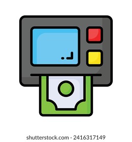 The ATM icon represents a machine that dispenses cash and allows customers to perform banking transactions. Modern icon of atm machine