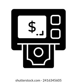 The ATM icon represents a machine that dispenses cash and allows customers to perform banking transactions. Modern icon of atm machine