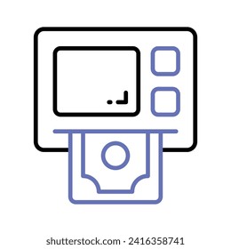 The ATM icon represents a machine that dispenses cash and allows customers to perform banking transactions. Modern icon of atm machine