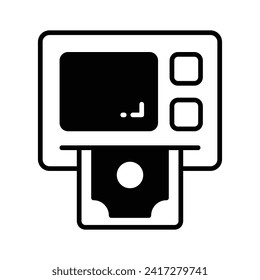 The ATM icon represents a machine that dispenses cash and allows customers to perform banking transactions. Modern icon of atm machine