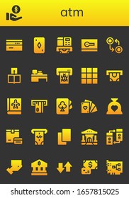 conjunto de iconos de atm. 26 iconos de atm rellenos. Tarjetas Incluidas, Pago, Atm, Divisa, Transferencia, Máquina de Pago, Keypad, Passbook, Tarjetas, Presupuesto, Banco, Iconos de método de pago