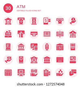 atm icon set. Collection of 30 filled atm icons included Bank, Withdraw, Teletransportation, Credit, Atm, Cashier machine, Banknote, Transfer, Payment, Payment method, Keypad