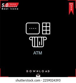 Vector de icono ATM sobre fondo negro. Iconos simples, aislados, planos, iconos, aplicaciones, logotipos, diseño de sitios web o aplicaciones móviles para la gestión de marketing empresarial,
Diseño de la interfaz de usuario UX Curso editable. EPS10