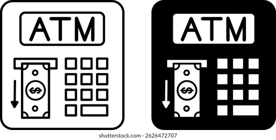 Geldautomaten-Symbole. Schwarzweiße Vektorgrafiken. Barauszahlung. Geldautomat. Persönliches Finanzkonzept