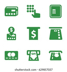 Atm icons set. set of 9 atm filled icons such as credit card