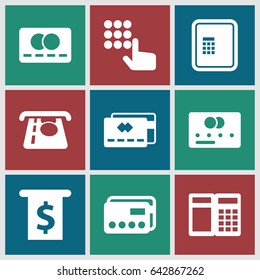 Atm icons set. set of 9 atm filled icons such as