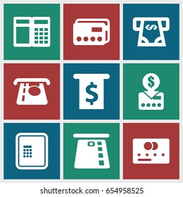 Atm icons set. set of 9 atm filled icons such as credit card