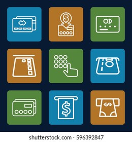 atm icons set. Set of 9 atm outline icons such as credit card, ATM money withdraw