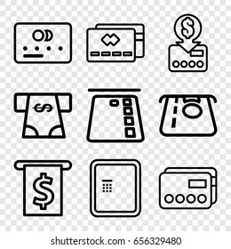 Atm icons set. set of 9 atm outline icons such as credit card