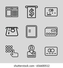 Atm icons set. set of 9 atm outline icons such as credit card