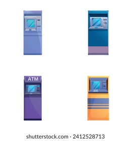 Atm-Symbole setzen Cartoon-Vektorgrafik. Verschiedene Geldautomaten. Automatikmaschine