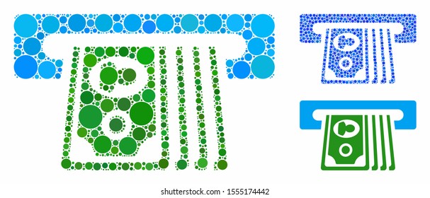 ATM insert cash composition of circle elements in variable sizes and shades, based on ATM insert cash icon. Vector circle elements are combined into blue composition.