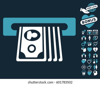 ATM Insert Cash icon with bonus dating pictograms. Vector illustration style is flat iconic symbols on white background.