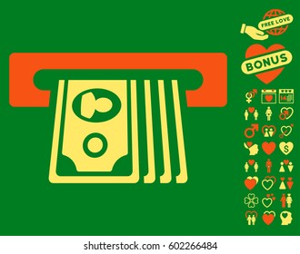 ATM Insert Cash icon with bonus valentine pictures. Vector illustration style is flat iconic symbols on white background.
