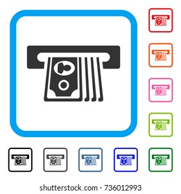 ATM Insert Cash icon. Flat grey iconic symbol inside a light blue rounded rectangular frame. Black, gray, green, blue, red, orange color versions of ATM Insert Cash vector.