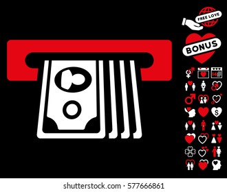 ATM Insert Cash pictograph with bonus romantic graphic icons. Vector illustration style is flat iconic symbols on white background.