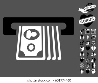 ATM Insert Cash pictograph with bonus decorative pictures. Vector illustration style is flat iconic symbols on white background.