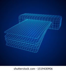 ATM insert cash withdrawal. Dollar banknotes in automated teller machine slot. Financial transaction, e-payment concept. Quick cash, money wireframe low poly mesh vector illustration.