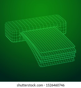 ATM insert cash withdrawal. Dollar banknotes in automated teller machine slot. Financial transaction, e-payment concept. Quick cash, money wireframe low poly mesh vector illustration.