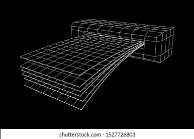 ATM insert cash withdrawal. Dollar banknotes in automated teller machine slot. Financial transaction, e-payment concept. Quick cash, money wireframe low poly mesh vector illustration.