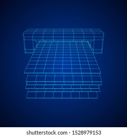 ATM insert cash withdrawal. Dollar banknotes in automated teller machine slot. Financial transaction, e-payment concept. Quick cash, money wireframe low poly mesh vector illustration.