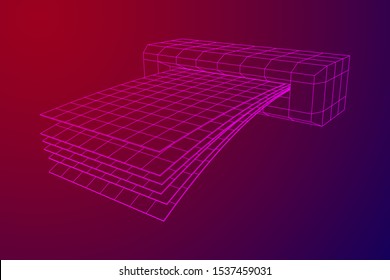 ATM insert cash withdrawal. Dollar banknotes in automated teller machine slot. Financial transaction, e-payment concept. Quick cash, money wireframe low poly mesh vector illustration.
