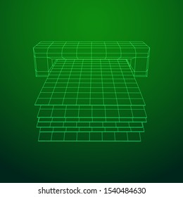 ATM insert cash withdrawal. Dollar banknotes in automated teller machine slot. Financial transaction, e-payment concept. Quick cash, money wireframe low poly mesh vector illustration.