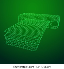 ATM insert cash withdrawal. Dollar banknotes in automated teller machine slot. Financial transaction, e-payment concept. Quick cash, money wireframe low poly mesh vector illustration.
