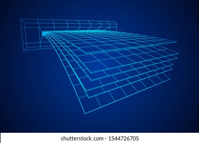 ATM insert cash withdrawal. Dollar banknotes in automated teller machine slot. Financial transaction, e-payment concept. Quick cash, money wireframe low poly mesh vector illustration.