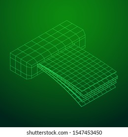 ATM insert cash withdrawal. Dollar banknotes in automated teller machine slot. Financial transaction, e-payment concept. Quick cash, money wireframe low poly mesh vector illustration.