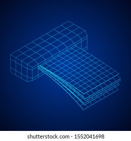 ATM insert cash withdrawal. Dollar banknotes in automated teller machine slot. Financial transaction, e-payment concept. Quick cash, money wireframe low poly mesh vector illustration.
