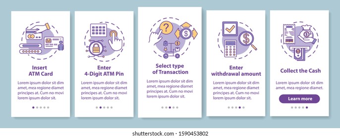 ATM instruction onboarding mobile app page screen with linear concepts. Select type of transaction. Five walkthrough steps graphic instructions. UX, UI, GUI vector template with illustrations
