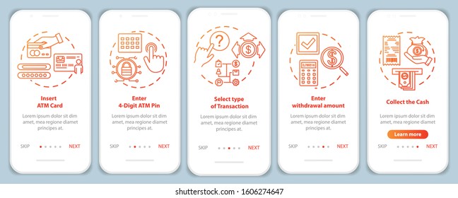ATM instruction onboarding mobile app page screen vector template. Walkthrough website steps with linear illustrations. Select type of transaction. UX, UI, GUI smartphone interface concept