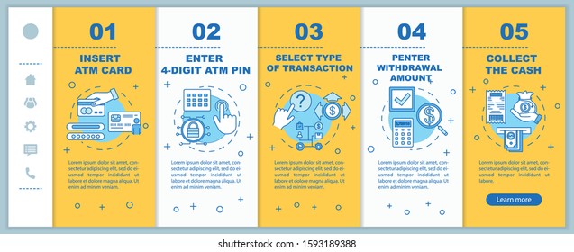 ATM instructions onboarding mobile web pages vector template. Insert ATM card. Responsive smartphone website interface idea, linear illustrations. Webpage walkthrough step screens. Color concept
