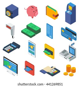 ATM Isometric Icons Set With Piggy Wallet Scanner Banknote Coin Cards Keypad Safe Computer Isolated Vector Illustration