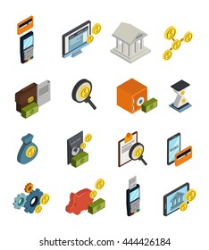 Atm isometric isolated and colored icon set with money and payment methods vector illustration