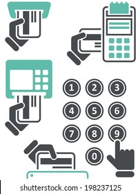 ATM keypad and POS-Terminal - simple icons of hand with credit card