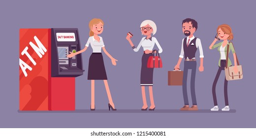 ATM line and female assistant helping clients. Consultant near automated teller machine for customers, electronic banking outlet, interactive terminal support. Vector flat style cartoon illustration