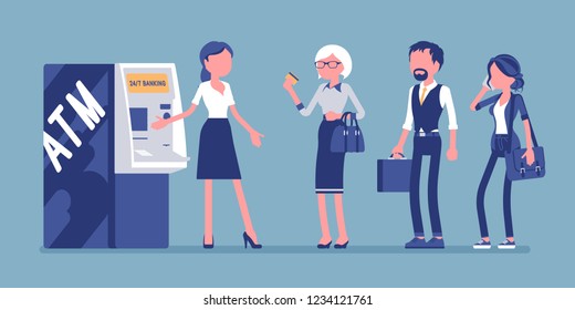 ATM line and female assistant helping clients. Consultant near automated teller machine for customers, electronic banking outlet, interactive terminal support. Vector illustration, faceless characters