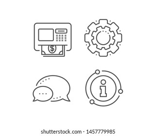 ATM line icon. Chat bubble, info sign elements. Money withdraw sign. Payment machine symbol. Linear aTM outline icon. Information bubble. Vector