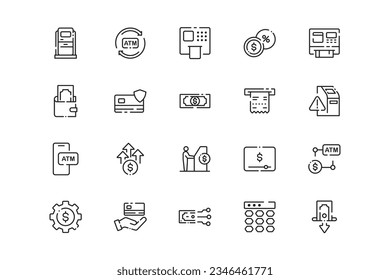 ATM lines icon set. ATM genres and attributes. Linear design. Lines with editable stroke. Isolated vector icons.