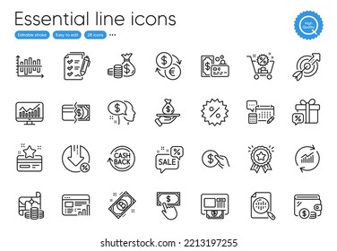 Atm, Loan and Loyalty card line icons. Collection of Account, Survey checklist, Analytics chart icons. Shopping cart, Loan percent, Wallet web elements. Coins bag, Discounts bubble, Bitcoin. Vector